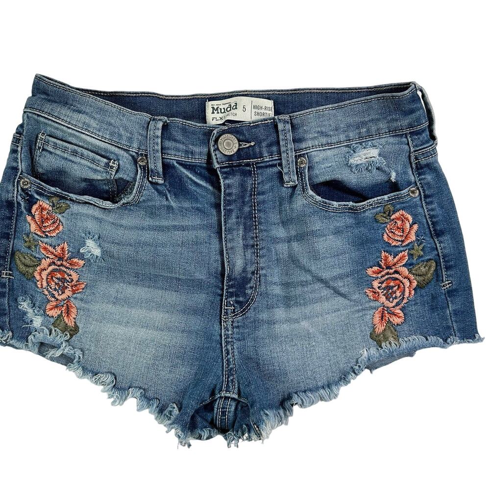 Mudd Jean Shorts 5 High Rise Shortie Floral Embroidered Frayed Raw Hem Stretch - Picture 3 of 13